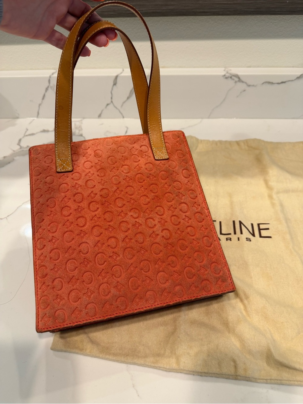 Celine Orange Suede Tote with Tan Leather Handles - Picture 2 of 12